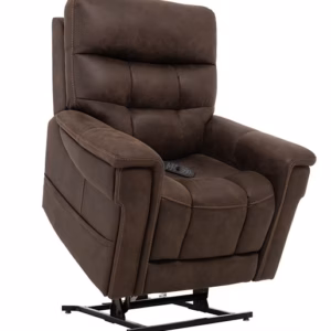 Brown leather power lift recliner with wired remote, cup holder, and visible heavy-duty lifting mechanism.