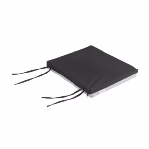 Black and gray foam seat cushion with secure tie-down straps and a removable zippered cover for chairs.