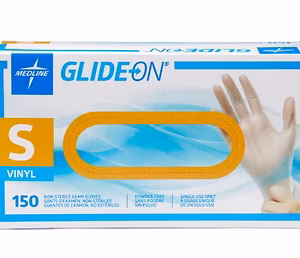Box of Medline GlideOn small vinyl exam gloves, powder-free, clear synthetic material for medical use.
