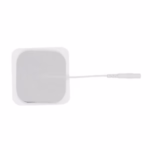 Single square white cloth TENS unit electrode pad with universal pigtail connector on a white background.