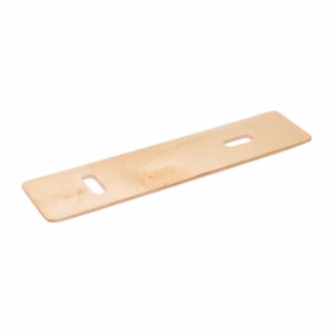 Rectangular wooden patient transfer board with two cutout hand grips and rounded corners on a white background.