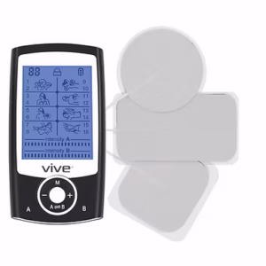 Black digital TENS unit with blue backlit screen showing body placement icons and three white electrode pads.