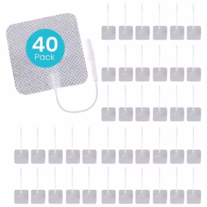 40 pack of square white cloth TENS unit electrode pads with universal pigtail connectors.
