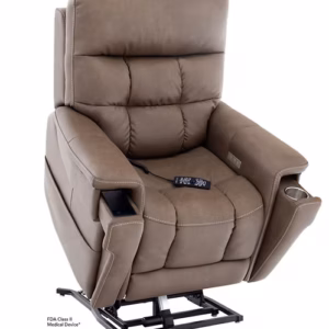 Brown leather power lift recliner with wired remote, cup holder, and visible heavy-duty lifting mechanism.