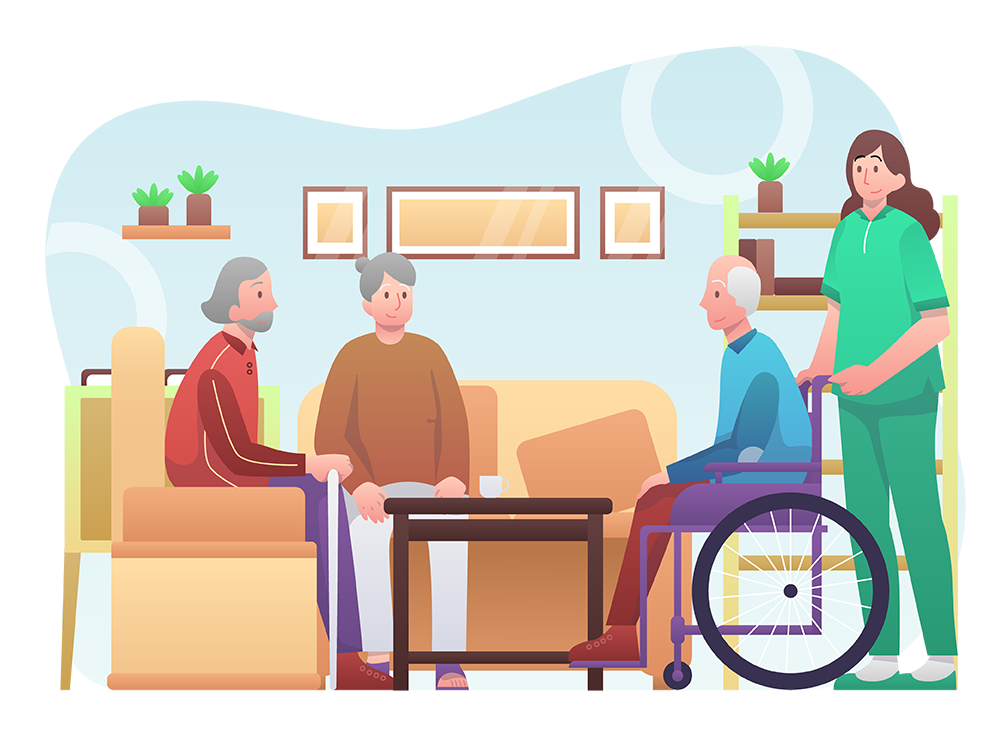 Illustration of a caregiver in green scrubs assisting three seniors in a living room, including one in a wheelchair.