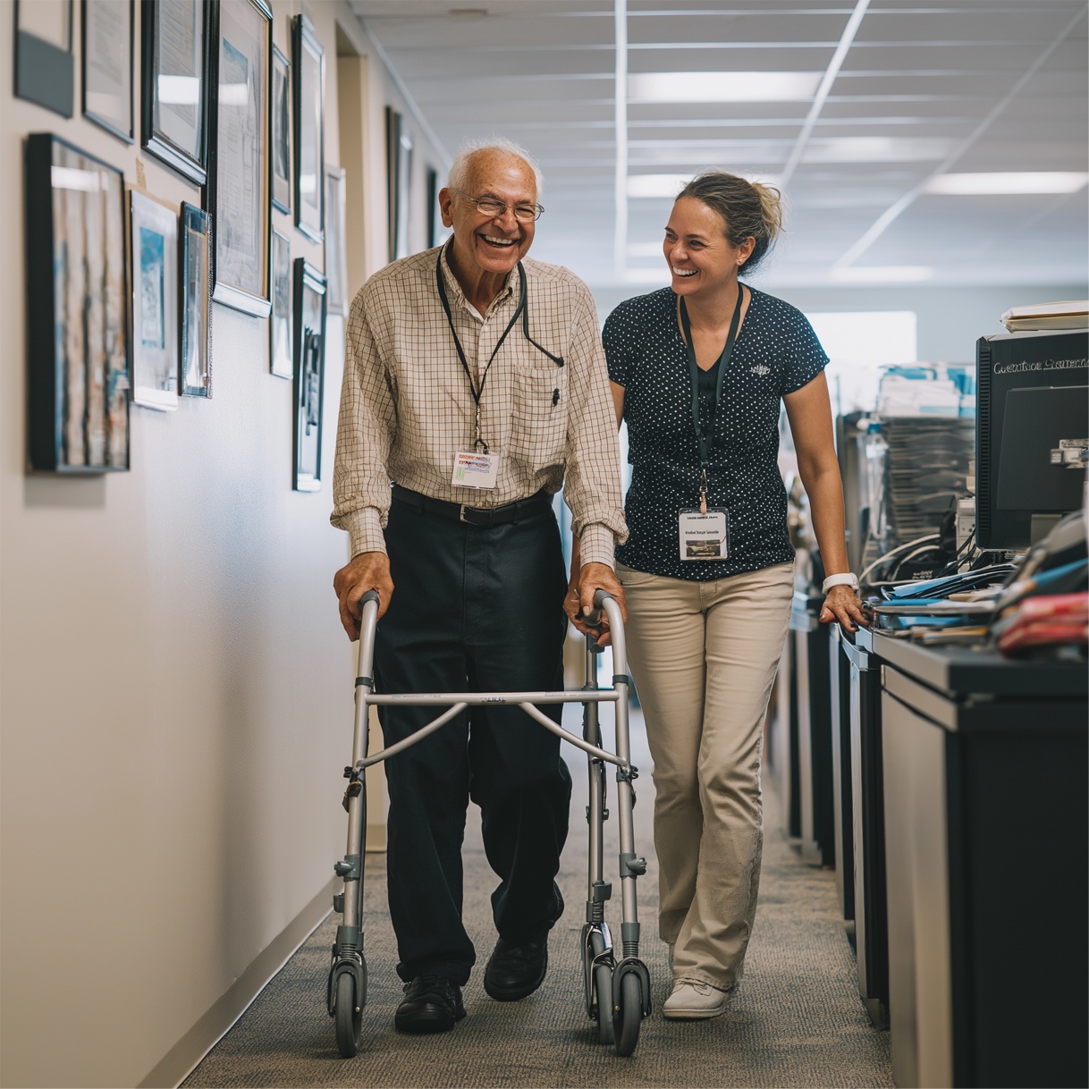 A smiling senior man using a walker assisted by a cheerful female caregiver in a brightly lit hallway.