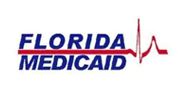 Florida Medicaid logo with bold blue text underlined by a red heart rate pulse line.