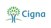 Cigna logo featuring a blue stylized person icon with green leaves forming a tree above the orange head.