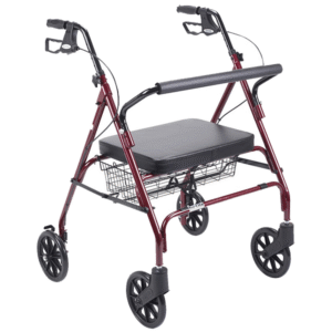 Burgundy heavy-duty bariatric rollator with extra-wide padded seat, wire storage basket, and four large wheels.