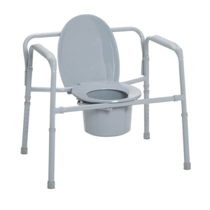 Gray extra-wide bariatric commode chair with reinforced steel frame, padded armrests, and adjustable height legs.