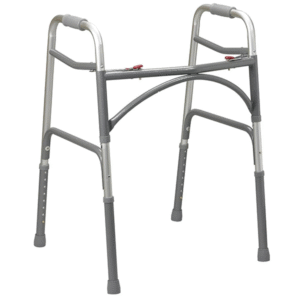 Gray folding medical walker with adjustable height legs, non-slip rubber tips, and contoured hand grips for stability.