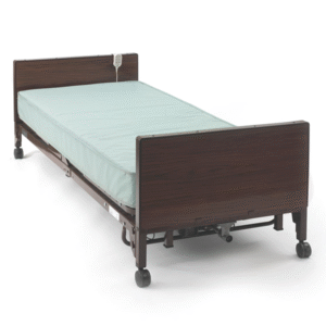 Dark wood grain hospital bed with a light blue mattress, locking caster wheels, and a wired hand remote.