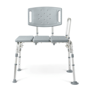 Gray bath transfer bench with height-adjustable legs, non-slip textured seat, backrest, and side safety handle.