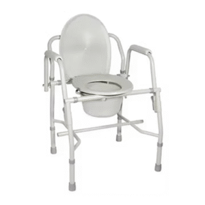 White adjustable bedside commode chair with drop-arms, padded grips, and removable pail for elderly care.