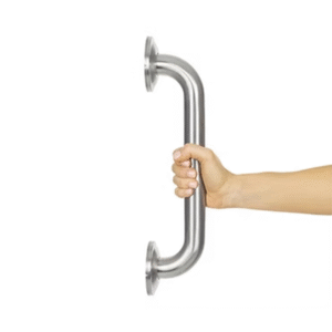 Hand gripping a vertical stainless steel grab bar with a brushed finish for bathroom wall safety.