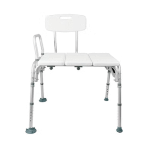 White Vive transfer bench with backrest, side handle, and adjustable aluminum legs for bathtub safety.