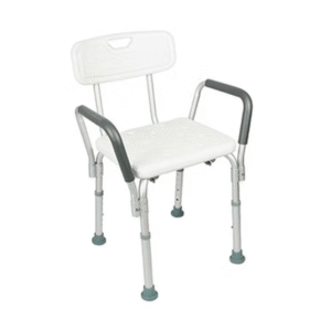 White Vive shower chair with backrest, padded armrests, and adjustable aluminum legs for handicap safety.