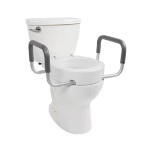 White elevated toilet seat with silver adjustable handrails and padded gray grips for bathroom safety.