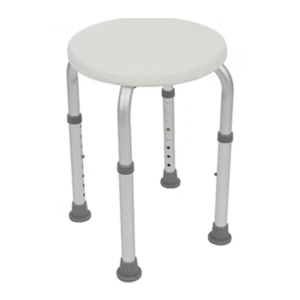 Vive adjustable shower stool with a white round seat and slip-resistant rubber feet for bathroom safety.