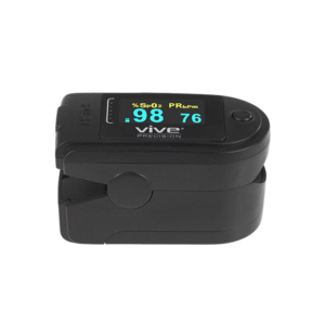 Black Vive Precision fingertip pulse oximeter displaying blue SpO2 oxygen levels and pulse rate on an OLED screen.