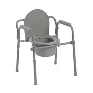 Gray adjustable bedside commode chair with padded armrests, toilet seat, and removable pail for mobility assistance.