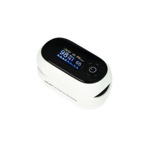Vive Precision fingertip pulse oximeter in white and black with digital SpO2 and pulse rate display.