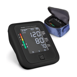 Vive Precision Bluetooth Blood Pressure Monitor with 120/80 reading, LCD screen, and blue carrying case.