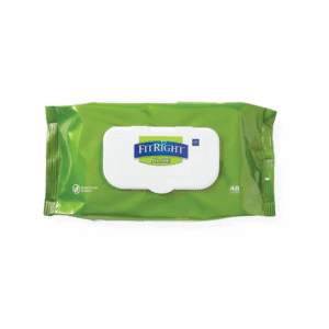 FitRight Aloe personal cleansing cloths 48-count green pack with flip-top lid for gentle skin care and hygiene.