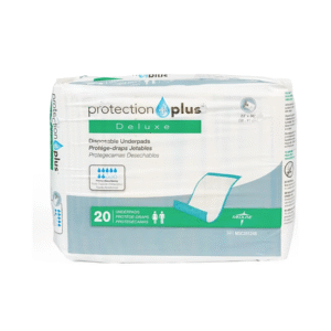 Protection Plus Deluxe disposable underpads 23x36 inch 20-count pack with heavy absorbency for bed protection.