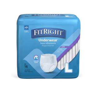 FitRight adult disposable underwear size L with leak-stop guards, soft white absorbent brief in blue packaging