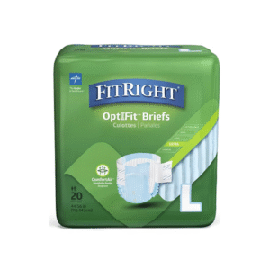 FitRight OptiFit Briefs size Large 20 count package in green with ComfortAir breathable design illustration.