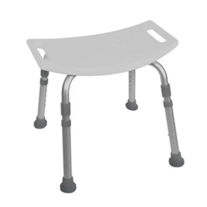 White Vive shower bench with a wide contoured seat, built-in handles, and adjustable aluminum legs.