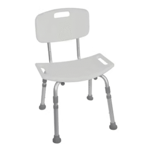 White Vive shower chair with contoured backrest, built-in handles, and adjustable aluminum legs for bath safety.
