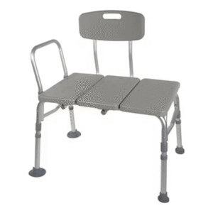 Gray Vive tub transfer bench with backrest, side handle, and adjustable aluminum legs for safe bathtub entry.