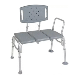 Gray Vive tub transfer bench with backrest, side handle, and adjustable aluminum legs for safe bathroom entry.