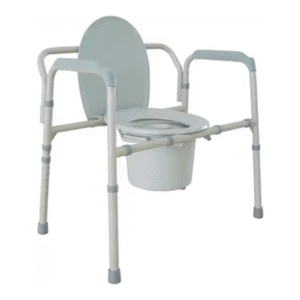 Vive folding commode chair with white toilet seat, gray armrests, and height-adjustable legs for bedside safety.