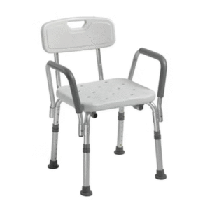 White Vive shower chair with backrest, padded armrests, and adjustable aluminum legs for handicap safety.