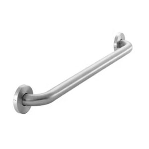 Professional-grade stainless steel grab bar with a brushed finish and concealed mounting flanges for bathroom safety.
