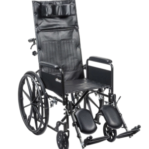 Black Drive Medical reclining wheelchair with high backrest, headrest, and elevating padded leg rests.