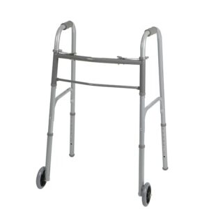 Silver folding walker with front wheels, adjustable height legs, and gray hand grips for mobility support.