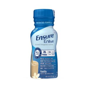 Ensure Enlive vanilla nutrition shake bottle showing 20g protein, 350 calories, and HMB for muscle health.