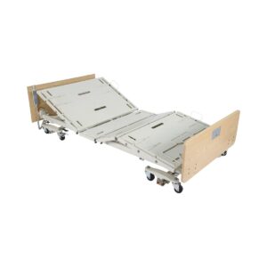Full electric hospital bed with ivory steel frame, light wood headboard, and wired remote control.