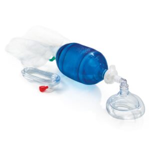 Blue manual resuscitator BVM kit with clear oxygen mask, reservoir bag, and flexible tubing for emergency use.