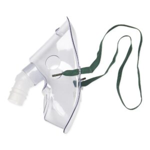 Clear plastic medical oxygen mask with adjustable green head strap and swivel connector for respiratory therapy.