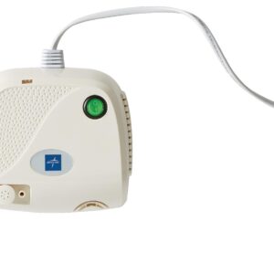 Medline tabletop nebulizer compressor with green power switch, white plastic housing, and power cord.