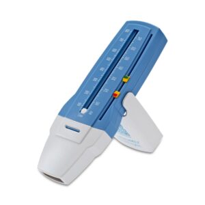 Blue and white handheld peak flow meter with a dual-scale L/min display and adjustable zone markers.