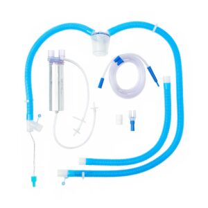 Blue corrugated ventilator circuit kit with water trap, Y-piece connector, and flexible clear suction tubing.