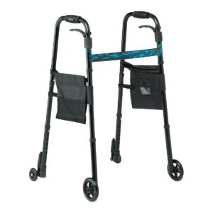 Black folding rolling walker with blue camouflage accents, front wheels, hand brakes, and side storage pouches.