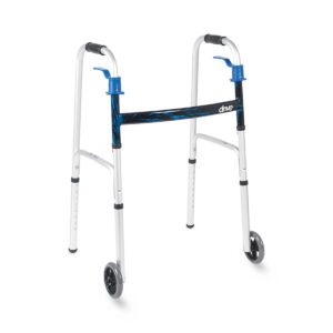 Drive Medical folding walker with 5-inch wheels, blue flame design, paddle release, and height-adjustable legs.