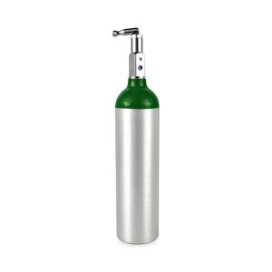 Aluminum medical oxygen cylinder with green shoulder, silver body, and chrome toggle valve for respiratory support.